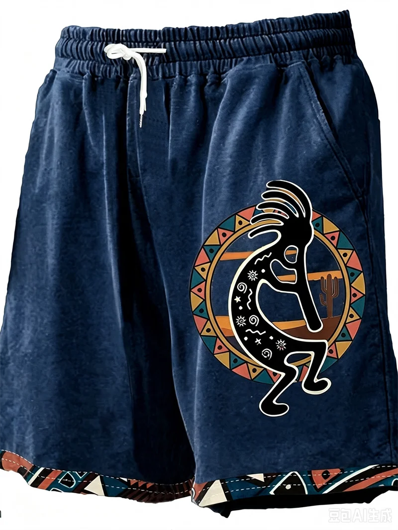 Vintage Summer Beach Shorts Unique Tribal Graphic Ethnic Geometric Elastic Drawstring Pockets Loose Casual Daily Short Trousers