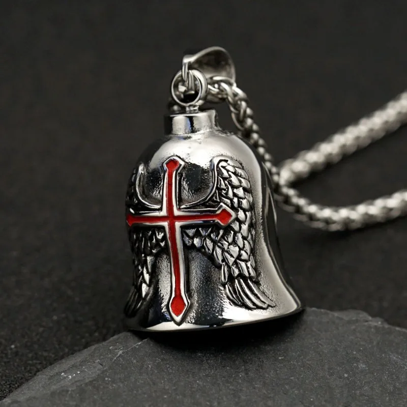 

European and American Lucky Bell Guardian Men Cross Pendant Necklace,Angel Wing Knight Clock Retro Punk Motorcycle Angel Pendant