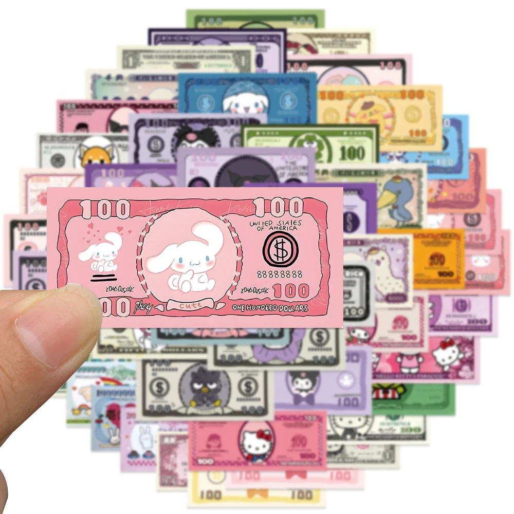 50pcs Sanrio Paper Money Kawaii Hello Kitty Kuromi Anime Stickers Aesthetic Decorative Stationery Phone Laptop Cute Kid Sticker