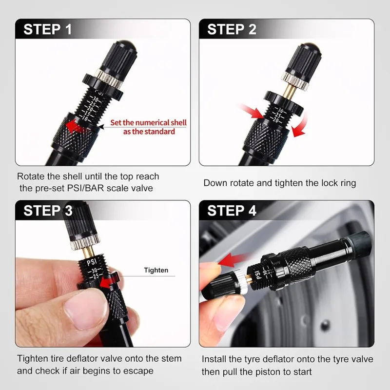 

Tire Air Down Tool For Offroad 4X4 Screw-On Adjustable Auto-Stop Tire Deflator Valve Kit Black