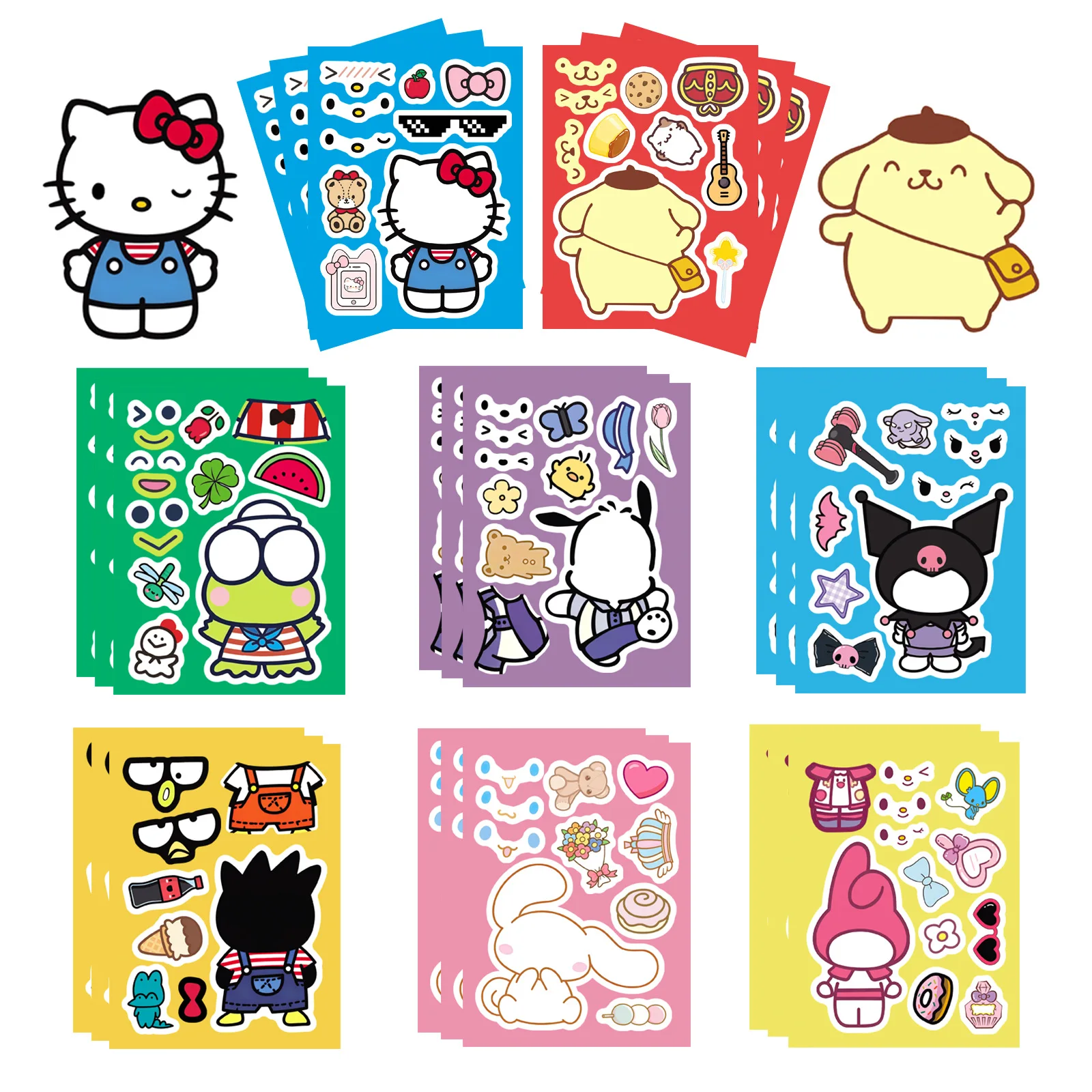 8/16 Hojas Sanrio Hello Kitty ‌ ‌ Kuromi ‌ Pegatinas de rompecabezas de caras, pegatinas de rompecabezas bonitas, juguetes DIY para equipaje, guitarra y niños