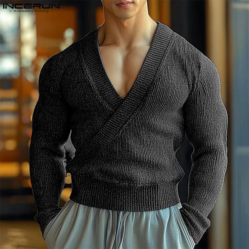 INCERUN Men Sweaters Solid Color Knitted V Neck Long Sleeve Casual Men Clothing Streetwear 2024 Fashion Male Pullovers S-5XL