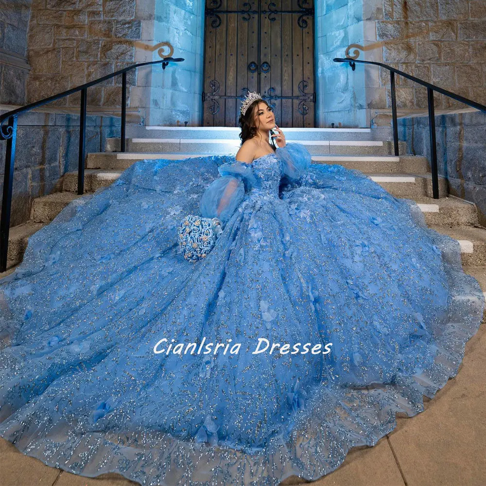 

Baby Blue Long Sleeve Crystal Sequined Quinceanera Dresses Ball Gown Off The Shoulder 3D Flowers Corset Vestidos Para XV Años