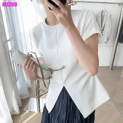 Summer Female Clothing Japanese Y2k Fashion Solid Color O-Neck Waist Closing Front Split T-Shirt Short Sleeve Top Blusa Mujer