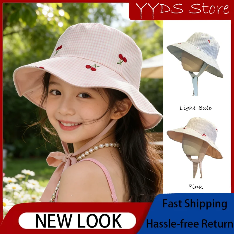Spring Summer Parent-Child Cherry Embroidery Bucket Hat Wide Brim UV Protection For Girls Outdoor
