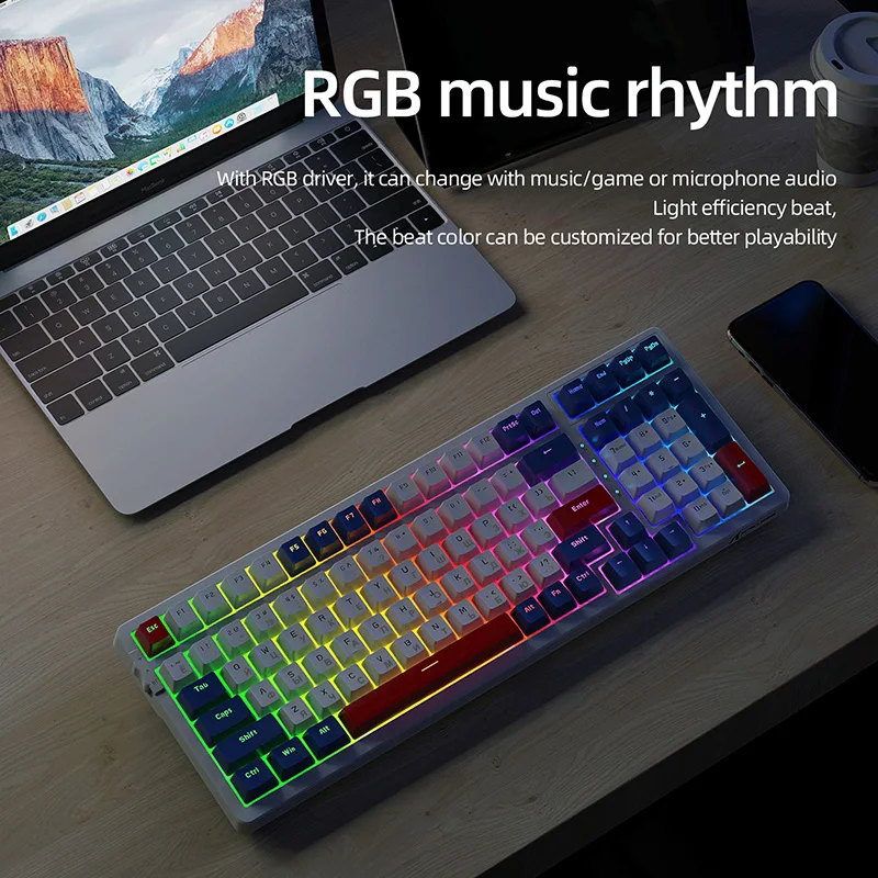 K98 Gaming Mechanical Keyboard RGB Backlit 100 Keys Hotswap PBT Keycaps 3 modes Wireless 2.4G Type-C + Wired Keyboard For Gamer