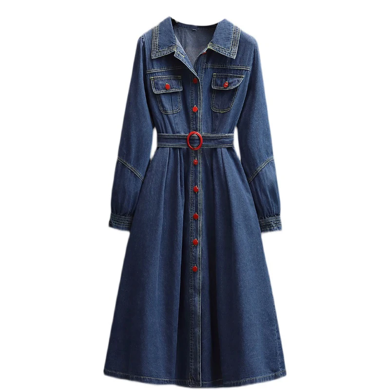 Large women's dress 2022 spring new fat sister fashion versatile slim age reducing long sleeved denim dress