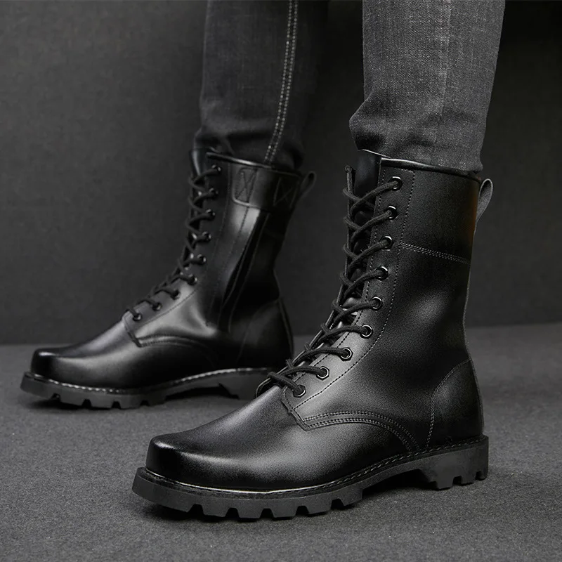 Winter Men's Boots Mid Calf BasicWinter Wool Warm High Top Workwear Shoes Outdoor Combat Boots Front Tie Men's Shoes Black