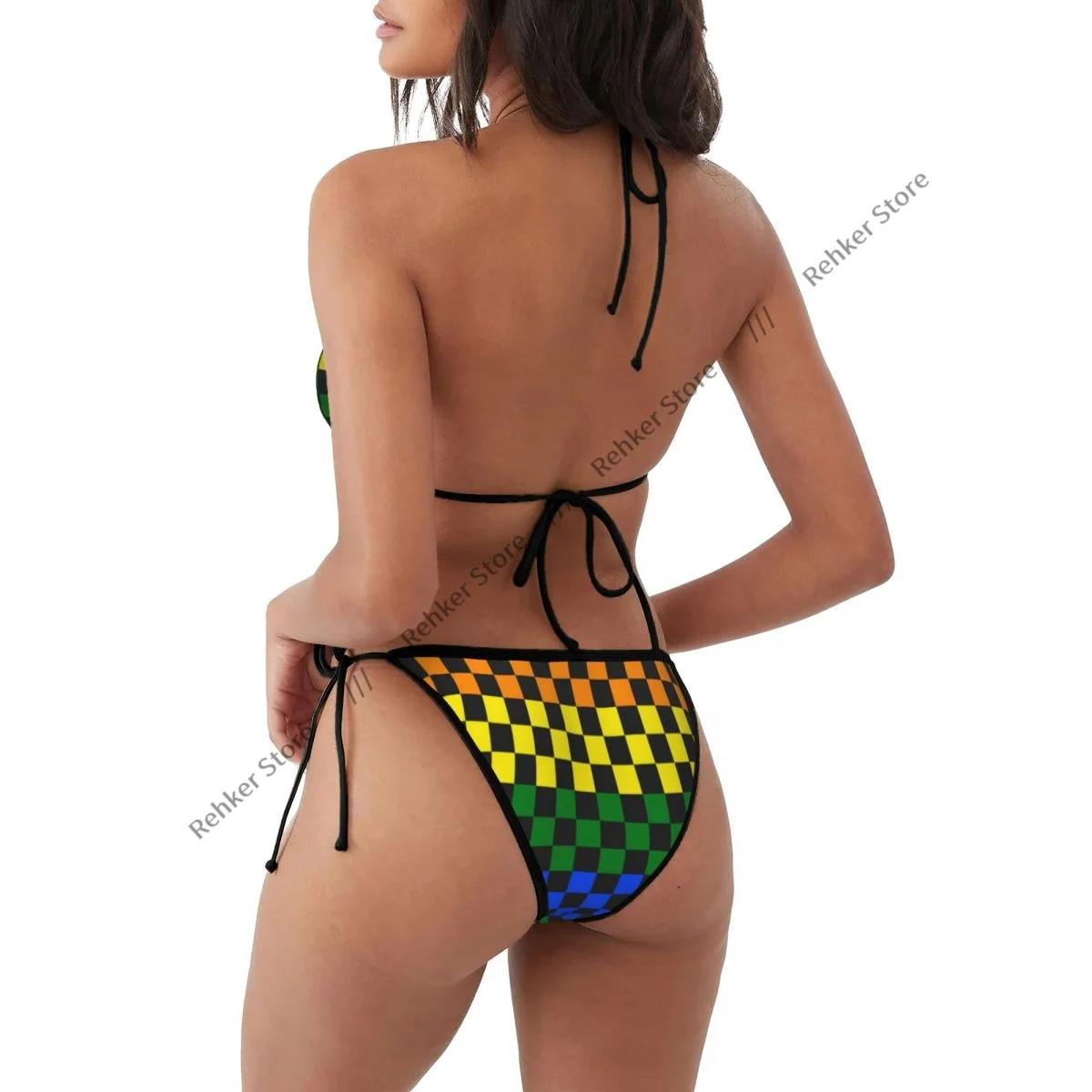 Mulher maiô sexy conjunto de biquíni banho tabuleiro verificado arco-íris xadrez duas peças maiô