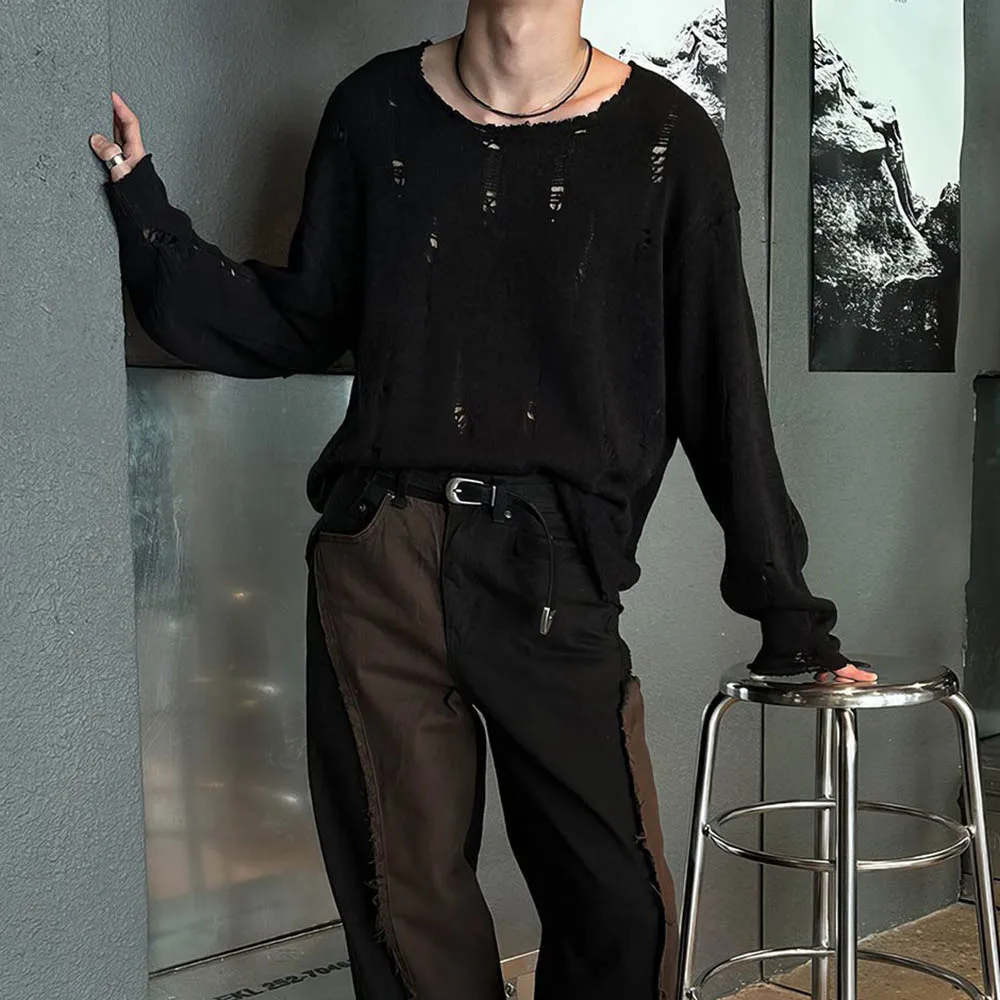 الرجال بلون ممزق بأكمام طويلة تي شيرت الأمريكية الرجعية موضة الاتجاه شارع العليا فضفاض عادية تنفس المتخصصة الرجال بلايز