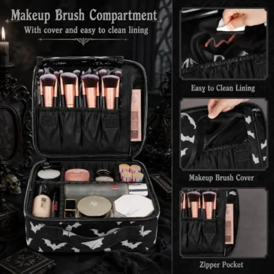 Goth Travel Makeup Bag Organizer Halloween Make up Bags Bat Cosmetic Case Professional Gothic Train Case, Portable Artist Stora