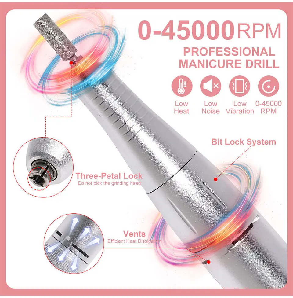 Perceuse à ongles électrique Portable professionnelle 45000 tr/min, avec forets à ongles, ponceuse à ongles Rechargeable à faible bruit pour manucure