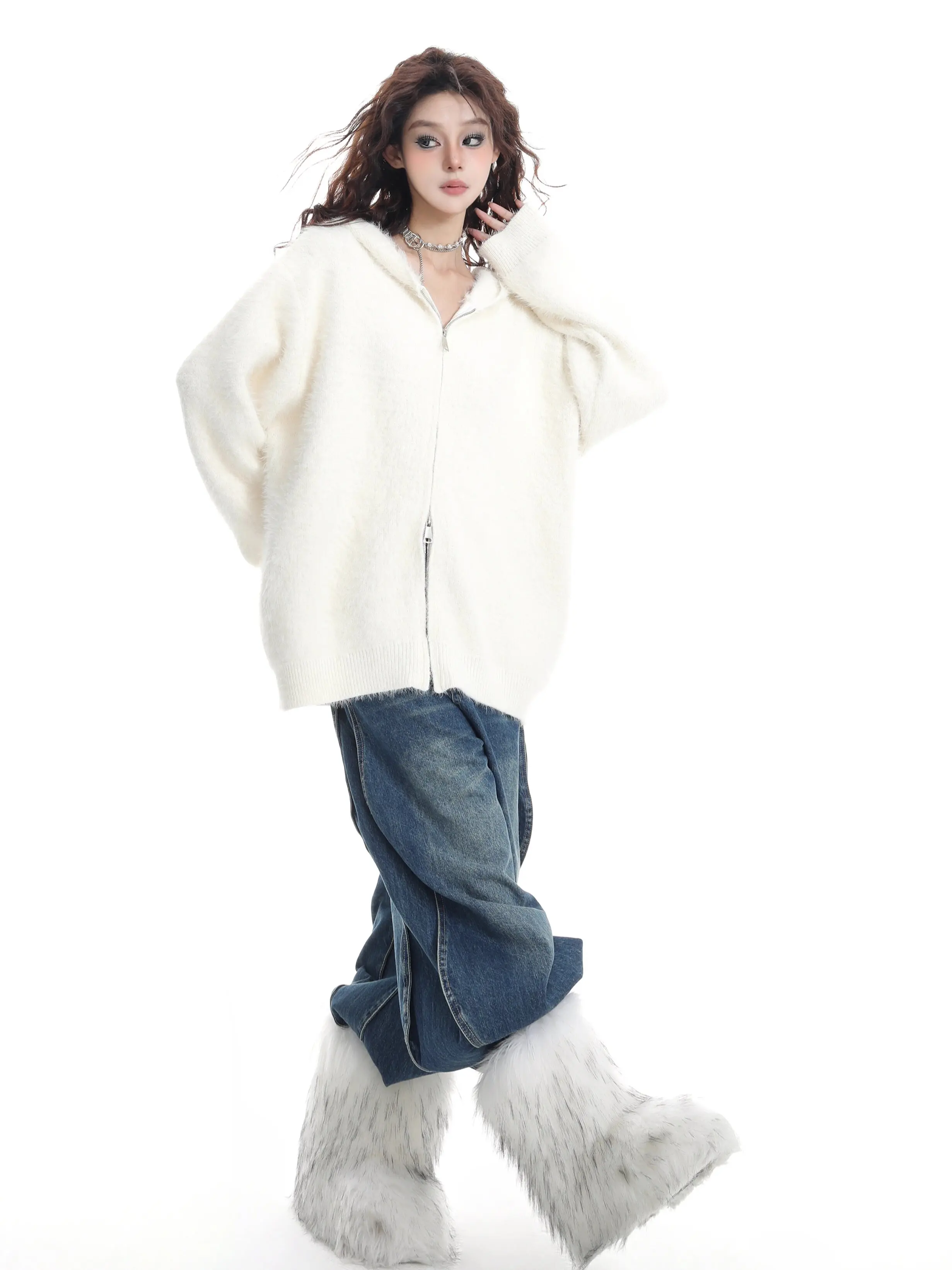 Early Fall White Double Zip Hooded Mink Fleece Sweater Jacket Cardigan Women's Fall, Winter, Spring and Autumn Mohair Top