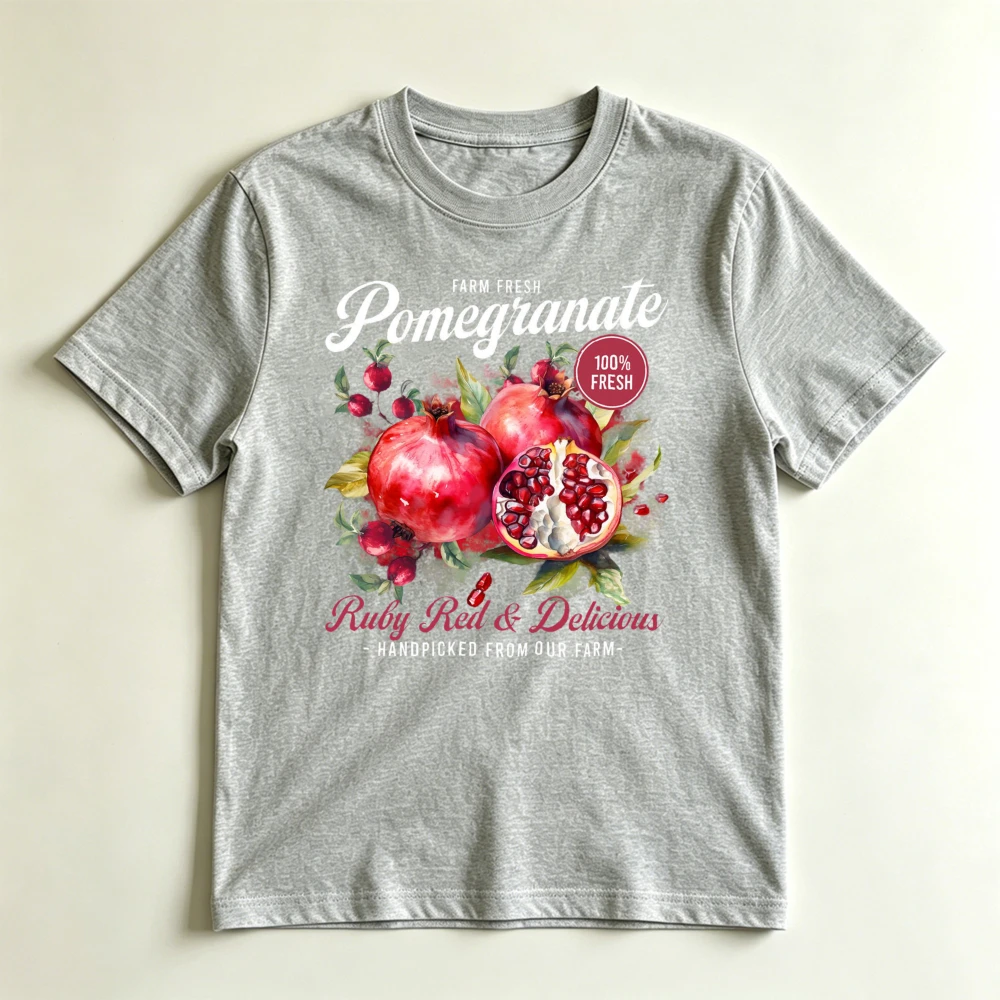 Farm Fresh Watercolor Pomegranate Summer Women Cotton T-Shirt Ruby Red Fruit Harvest Botanical Vintage Watercolor Graphic Tee