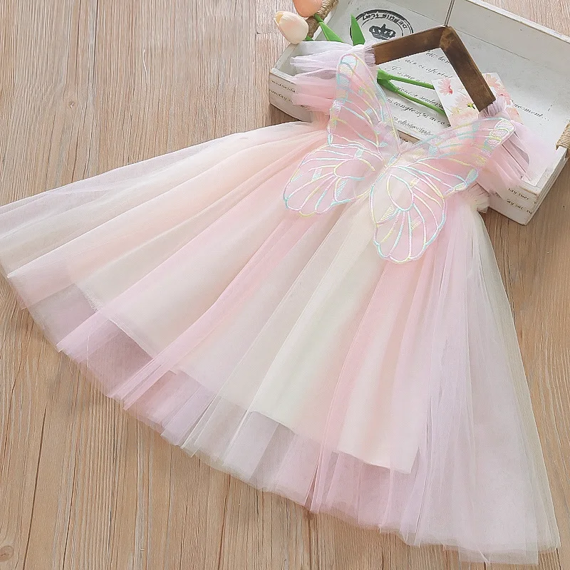 Vestidos casuais para meninas, vestido de gaze arco-íris, saia de malha com asa vertical e halter, roupas infantis, vestido de princesa para meninas