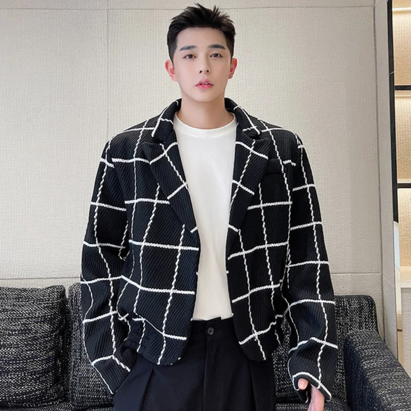 

Korean Men's Style Fashion Chic Plaid Tweed Jacket Male New Loose Lapel Long Sleeve Vintage Short Coat Spring Winter 2022