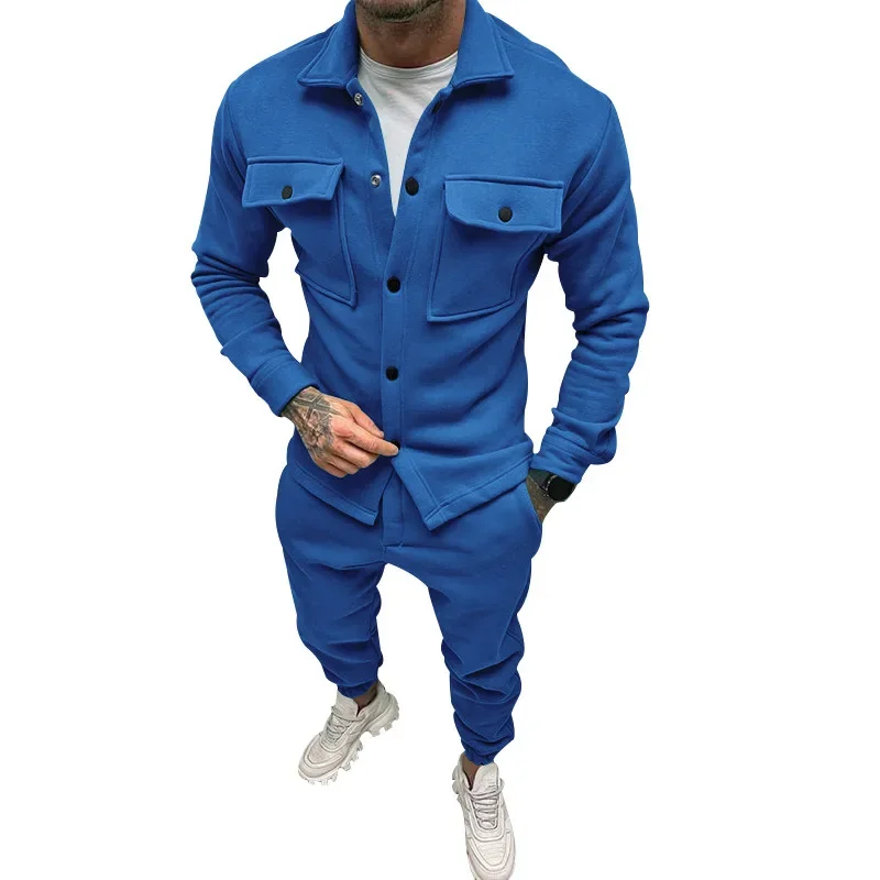 Men\'s Jacket Cargo Pants Set with Pocket Button Spring Fall Blue Tracksuit High Quality Solid Color Male Fashion 2 Pieces Suit