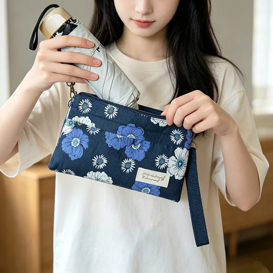Leichte Canvas-Handytasche mit Blumenmuster für Damen, Umhängetasche mit mehreren Taschen und Reißverschluss, verstellbarer Riemen, Mini-Handgeldbörse – Detail 13