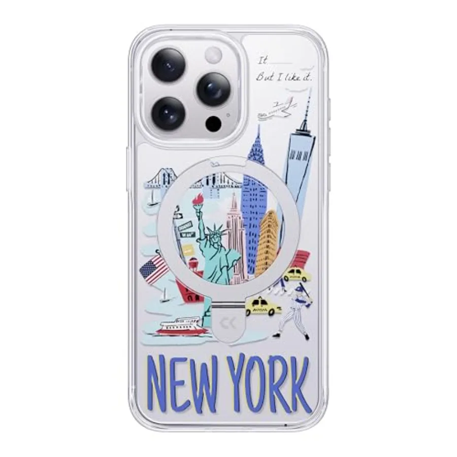 Pannello posteriore trasparente con serie Landmark Building City Memory per custodia New York Phone 14 Pro con supporto ad anello magnetico Milita