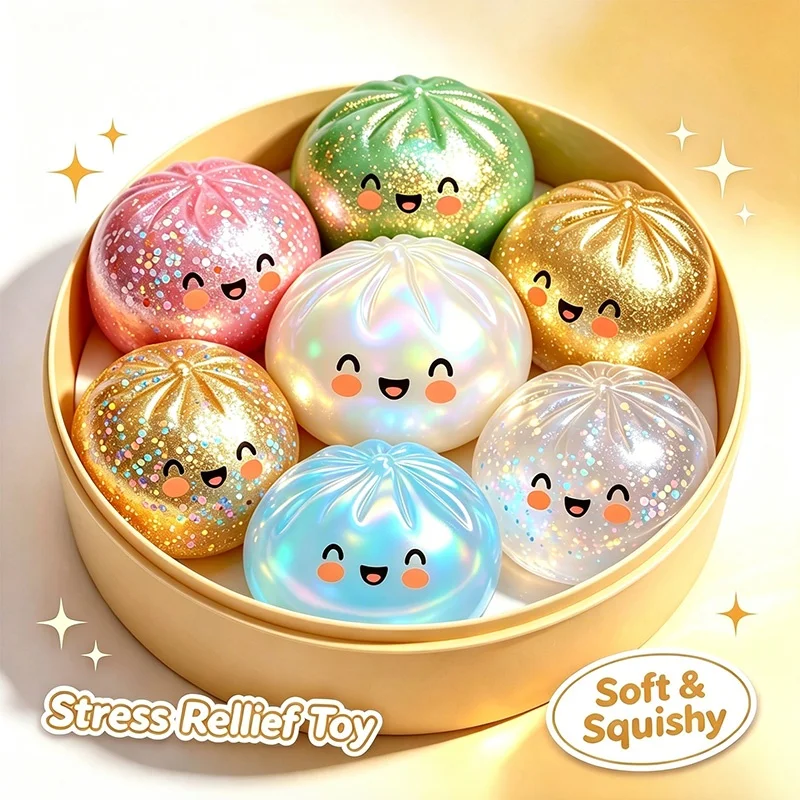 Dumpling Steamed Fidget Toys Sequins Multicolor Cute Soft Squishy Squeeze Stress Balls Elastic Anxiety Relief Sensory Toy Gift