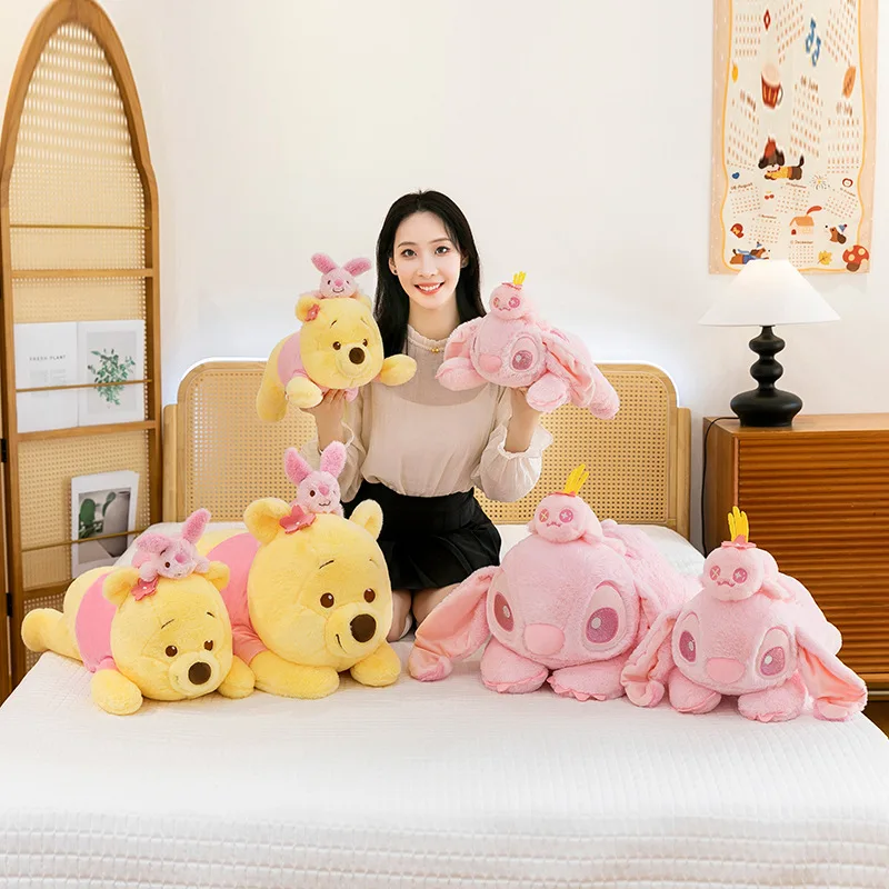 

Disney Stitch And Winnie The Pooh Lying Down Plush Doll Pastel Pink Cherry Blossom Theme Cute Plushies For Birthday Present Toy