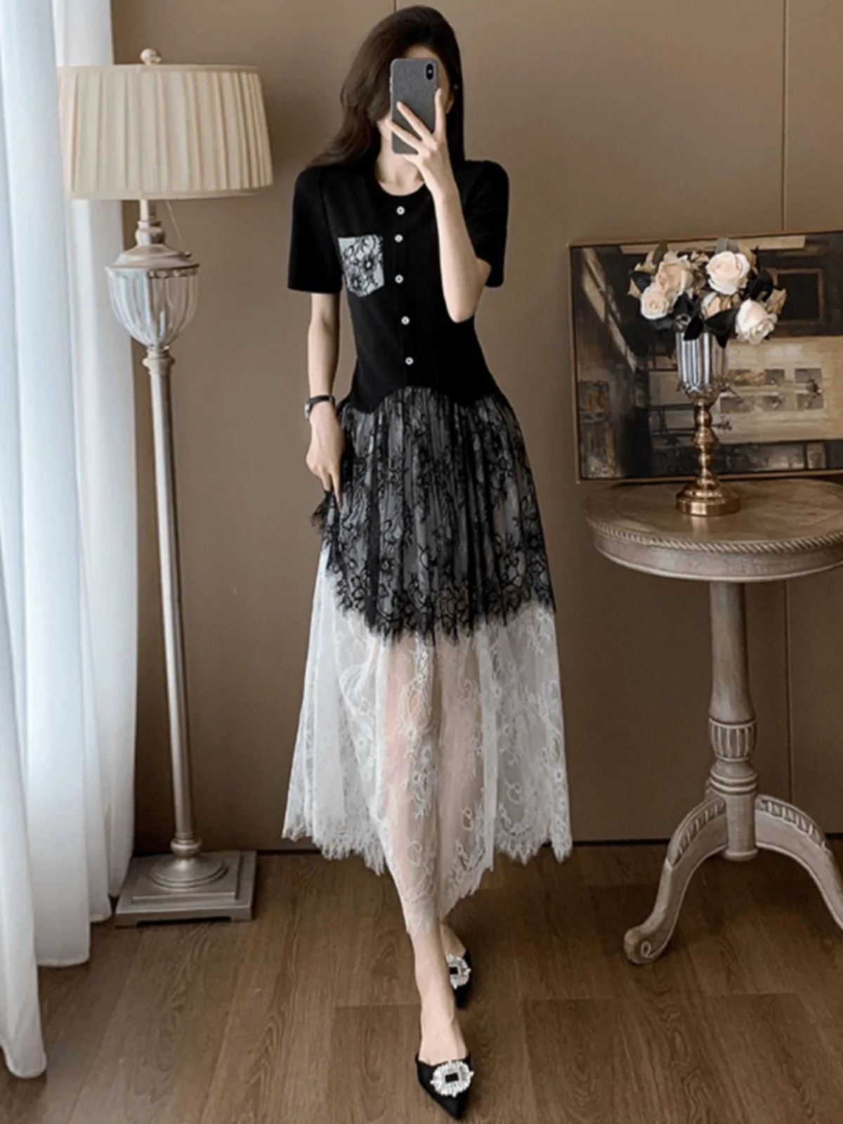 

Elegant Lace Short Sleeve Dress Women's Summer New Style Splicing Net Gown Fake Two-Piece Skirt A-Line Midi Dress round Neck