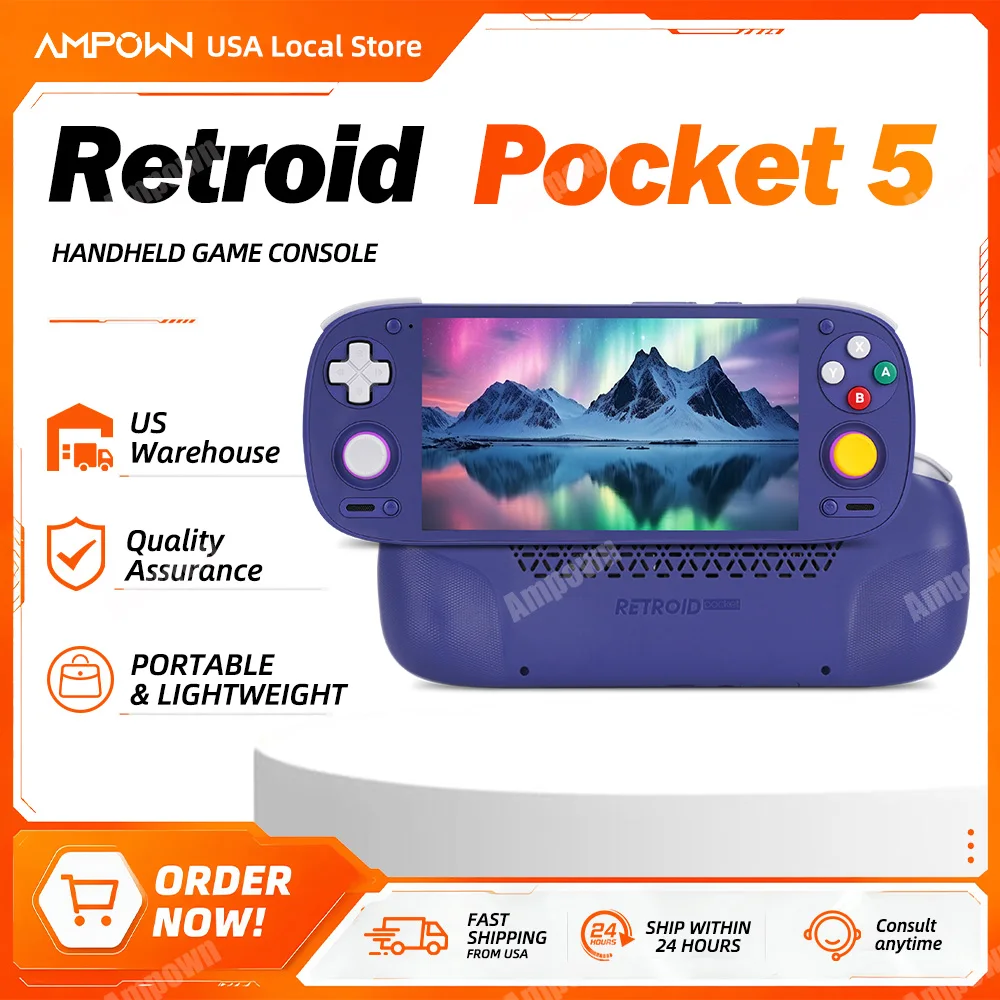 Retroid Pocket 5 RP5 5.5" AMOLED Handheld Game Console 2.5D Seamless Glass 3D Hall Joystick Swapable Buttons Android 13 Portable Retro Gaming Player