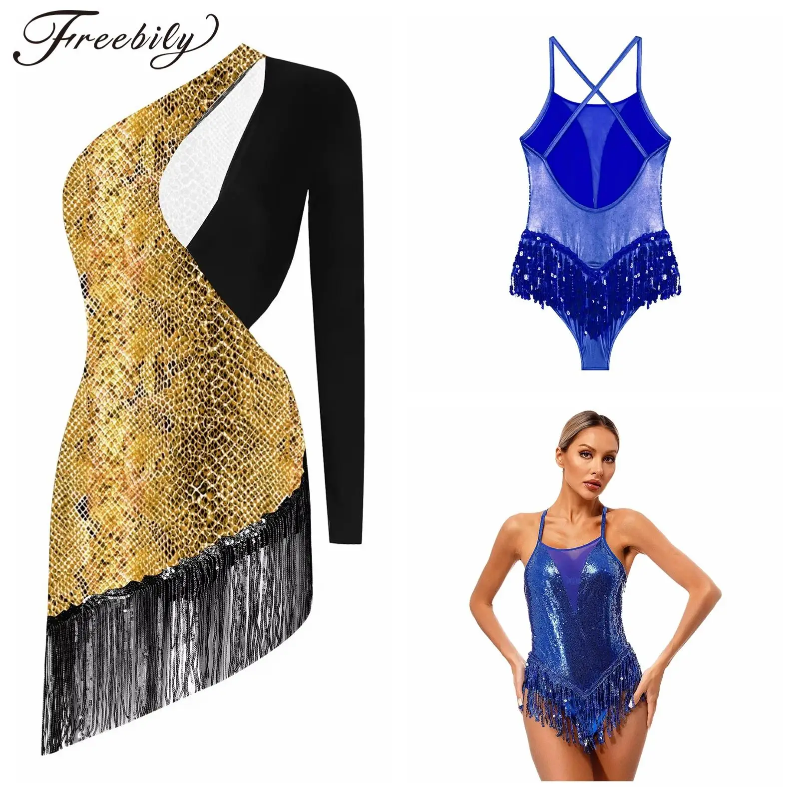 

Women Sparkling Tassels Dancewear Sequins Latin Dance Leotard Bodysuit Cha-cha Samba Salsa Dress Stage Performance Costume