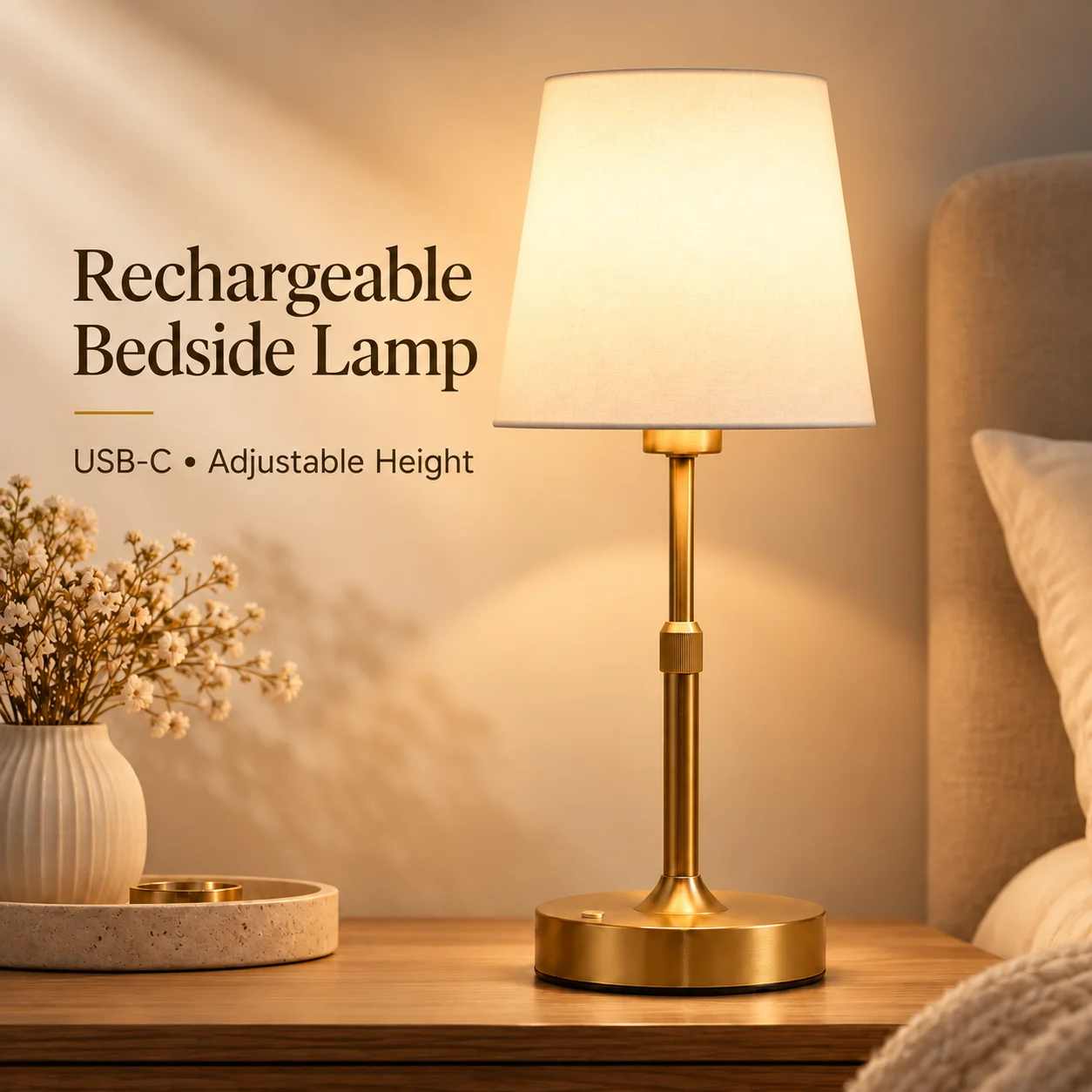 Fabric metal rechargeable touch table lamp, 2700K color temp, ideal for dining room & bedside decor.