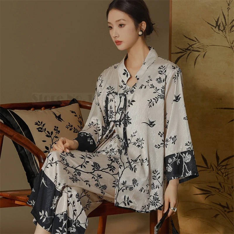 Exquisite Retro Jacquard Pyjama Trouser Suits New Chinese Style Pajamas Set Women Sleepwear Spring Summer Print Flower Home Wear