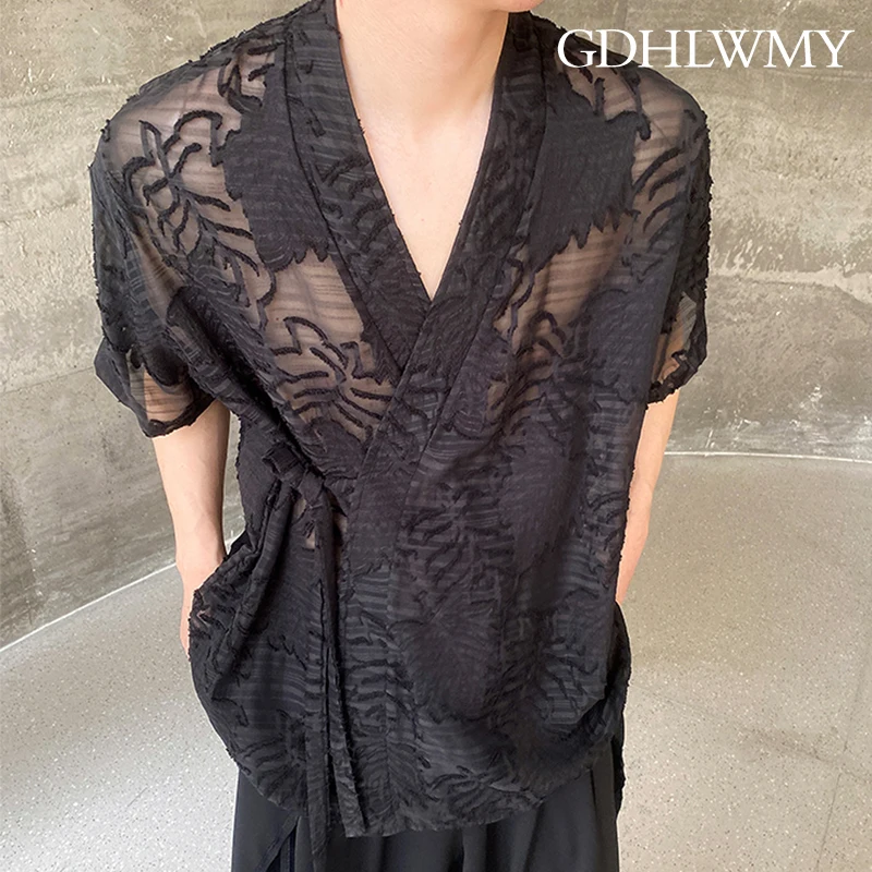 GDHLWMY Summer New Chinese style Hollow Flower Zen Style Strap Men's and Women's Short sleeved Shirts