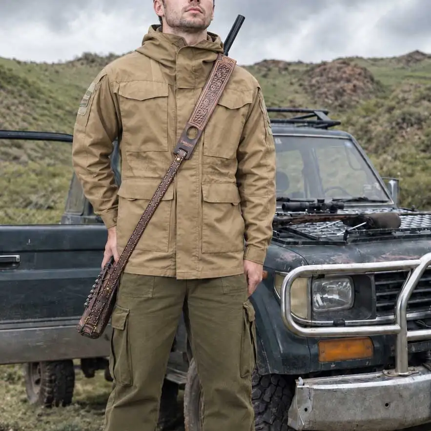 Tourbon Vintage Leder Gewehrriemen, Rutschfester Gewehr-Schultergurt, Verstellbare Länge 105cm, Fingerstütze, Jagdzubehör – Detail 3