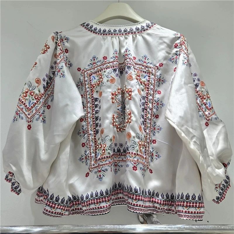 Harajuku Vintage Ethnic Style White Short Cardigan Coat Fashion Beaded Flower Print Round Neck Three-Quarter Sleeve Female Coats