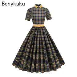 Peter Pan Collar British Plaid Rockabilly Vintage Dress Women Belted Autumn Winter Elegant Cotton 50s Retro Pleated Long Dresses