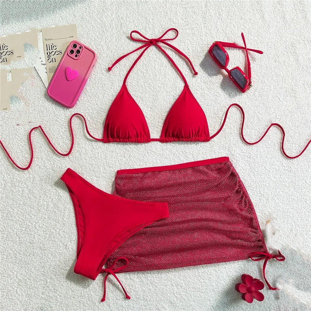Solid Brown Swimwears String Halter Triangle 3 Piece Bikini Set Sexy Swimsuit Women 2026 Mesh Skirts Bathing Suit Bikinis Dames - Image 5
