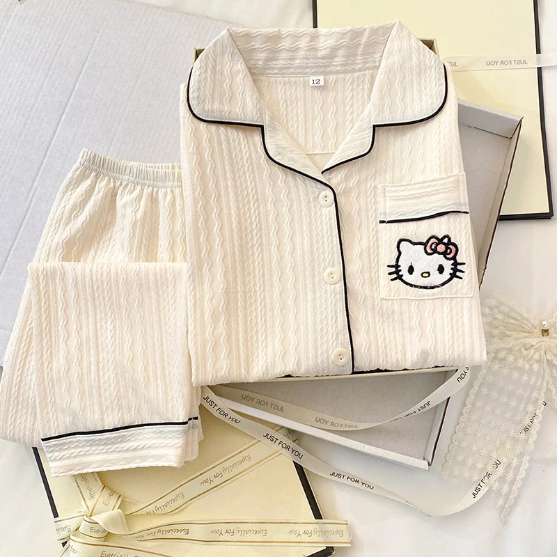 

Hello Kitty Sleepwear Two-piece Set for Girls Spring Autumn New Children Long Sleeve Pocket Coat Fashion Elastic Waist Pants