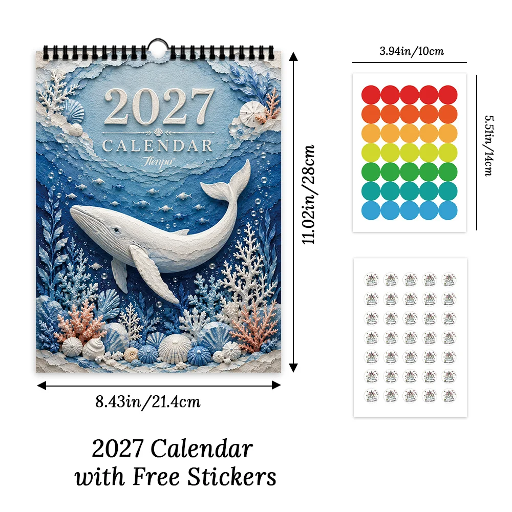 1pc 2027 Blue Ocean Whale Shell Art Wall Calendar,12-Month Monthly Planner,Perfect Gift For Back-to-School, Christmas, New Year