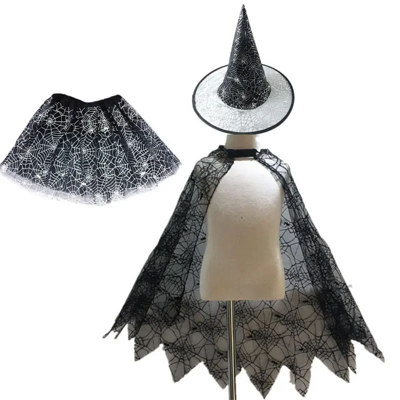 Spider Web Cloak New Children  Skirt Witch Hat Festival Party Fancy Dress Stocking Treat or Trick    Halloween Costume Cosplay