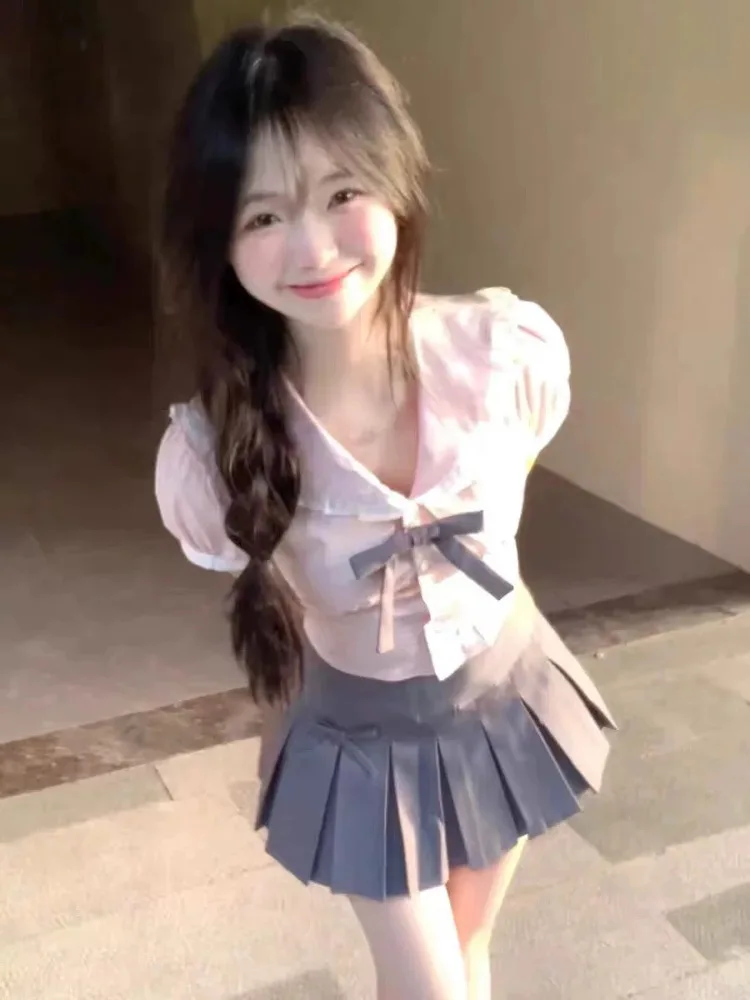 

Sweet Girl Summer orm Set Women's ort Sve irt And Skirt Two-Piece Suit Korean Sle College Faion