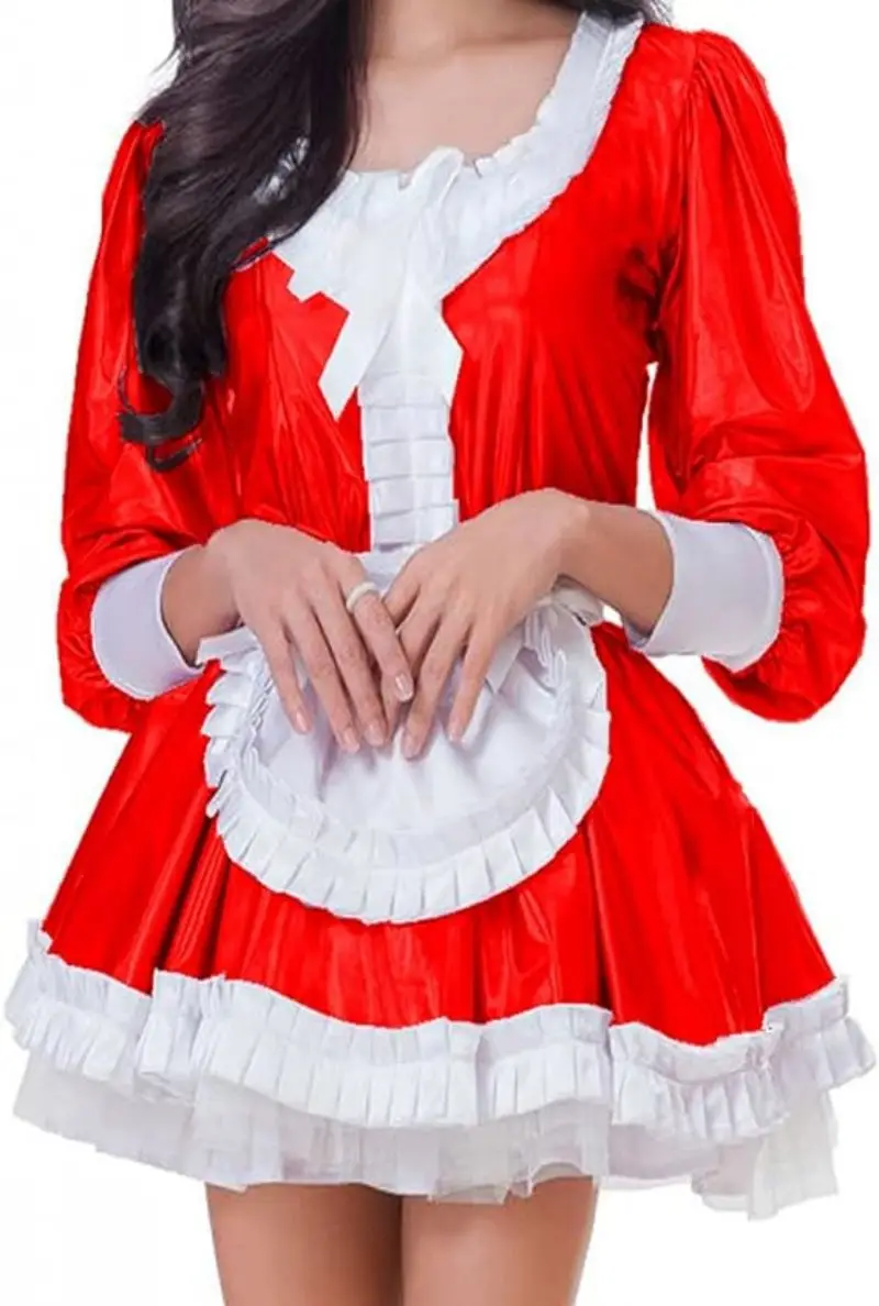 

New Maid Fetishism Red Satin Gothic Sexy Passionate Large Neckline Long Sleeved Party Daily Unisex Dress Customization