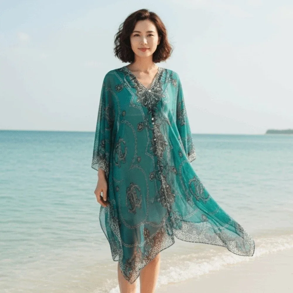 

Дышащая длинная шаль с крупным цепным принтом и пряжкой, тонкий солнцезащитный большой шарф, легкий полиэстеровый плащ для пляжного отдыха, подарок