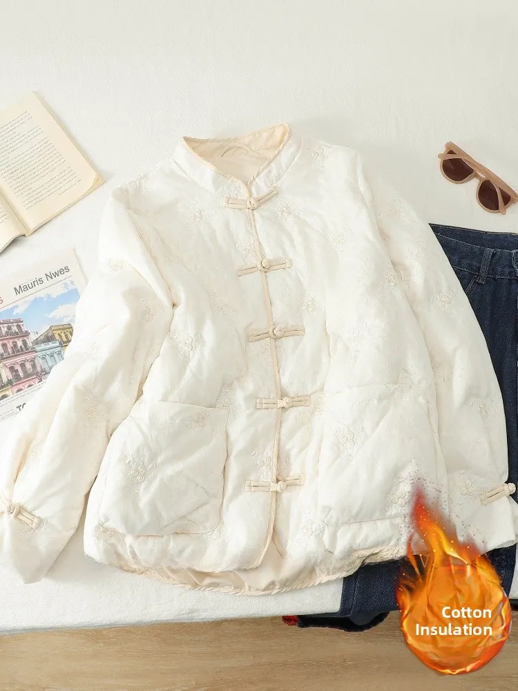 

New Chinese Sle Heavy Embroidery down Cotton Jaet Women's Winter Retro Sle Button Stand Collar Cotton Coat Outerwear