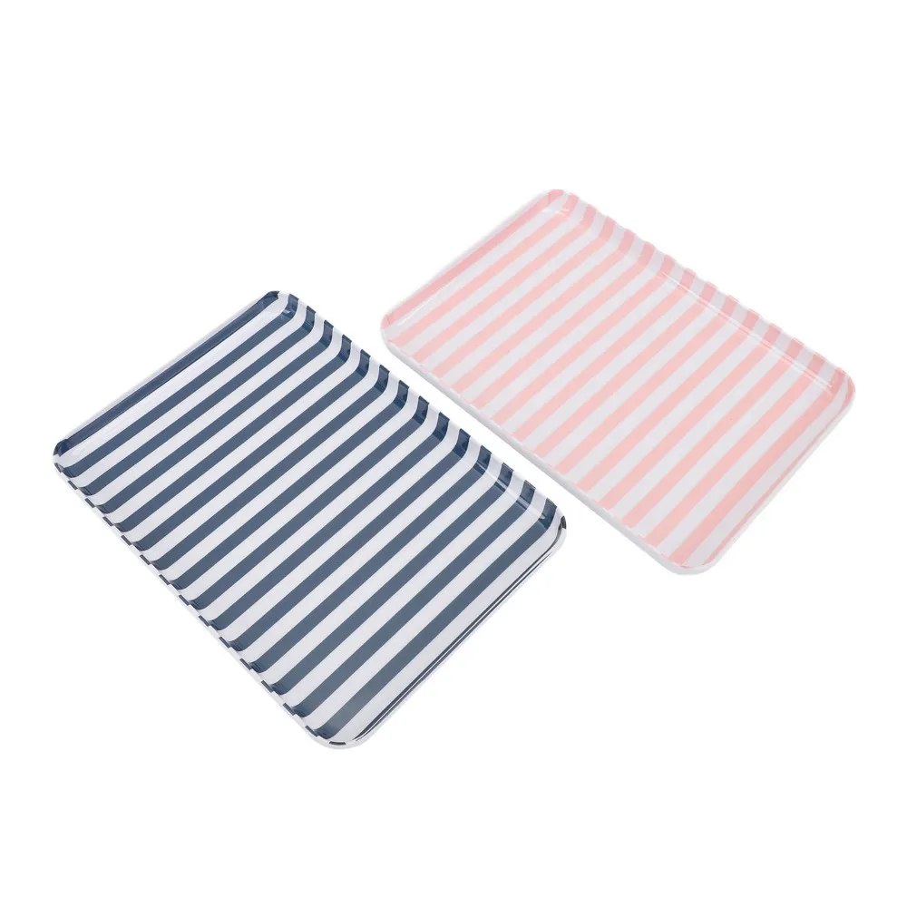 2Pcs Decorative Resin Serving Tray Raised Edge Lightweight Food Platter Rectangular Striped Surface Display Tray Kitchen Daily