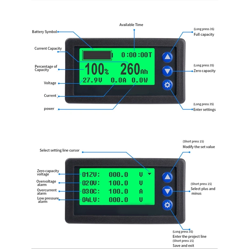 Battery Monitor Hall Coulomb Meter DC 8-100V Lifepo4 Lead-Acid Li-Ion Lithium Capacity Power Display