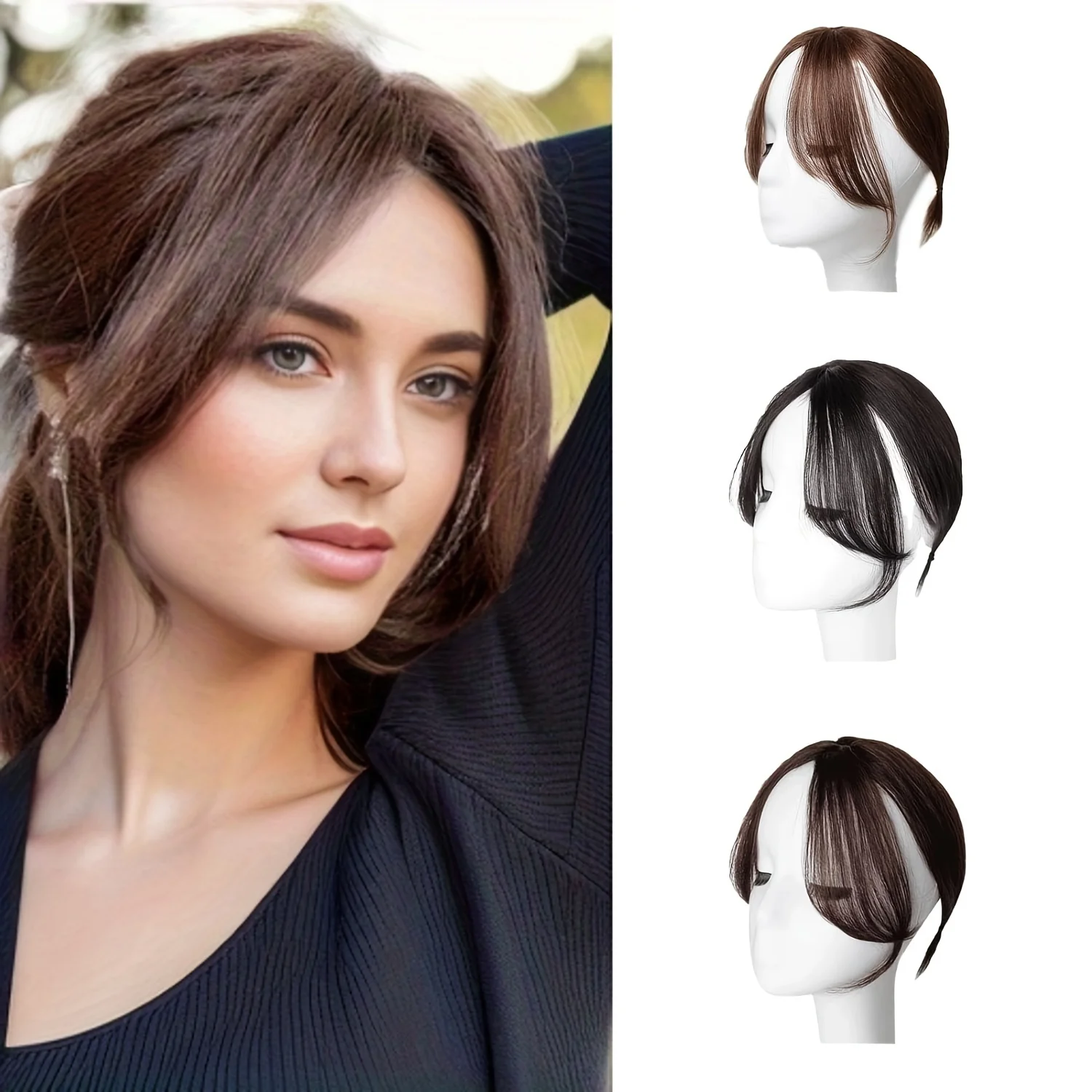 3D Synthetic Partial Bangs Curtain Bangs Hair Piece is designed to cover gray hair and add volume for thinning hair.