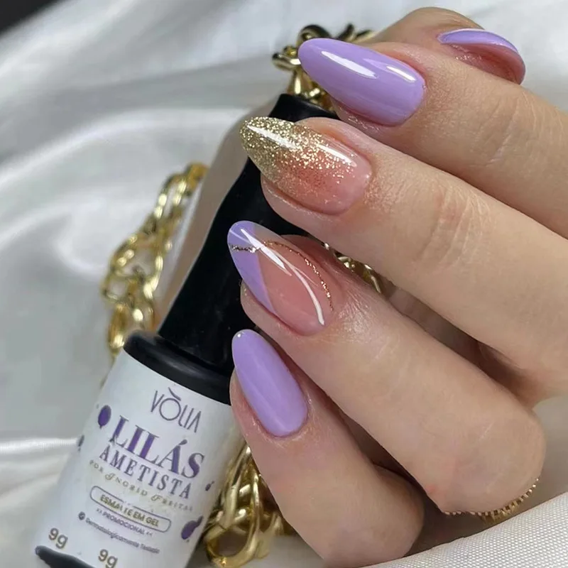 Uñas postizas medianas para mujeres y niñas, degradado morado, gris y azul, con puntas de uñas en forma de almendra y brillantina, juego de uñas postizas a presión.