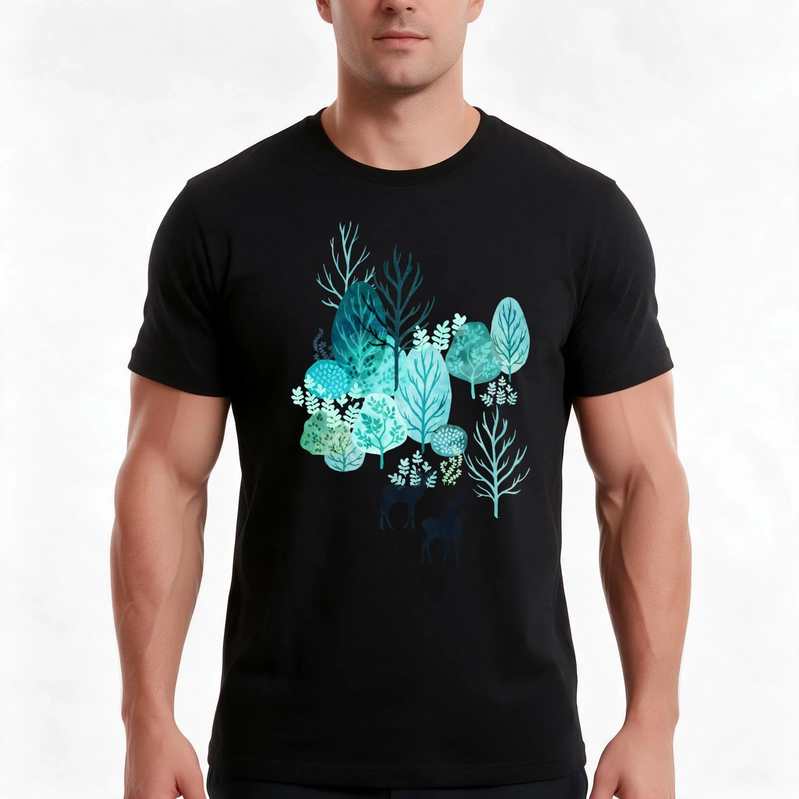 Emerald forest deer on white T-Shirt, Summer Casual Cotton Tee, Oversized Streetwear Tops, Vintage Graphic Print, 100% Cotton