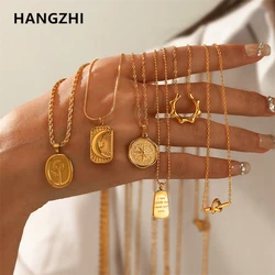 HangZhi Gold Color Moon Flower Hexagonal Star Relief Irregular Geometry Stainless Steel Necklace Vintage for Women Party Jewelry