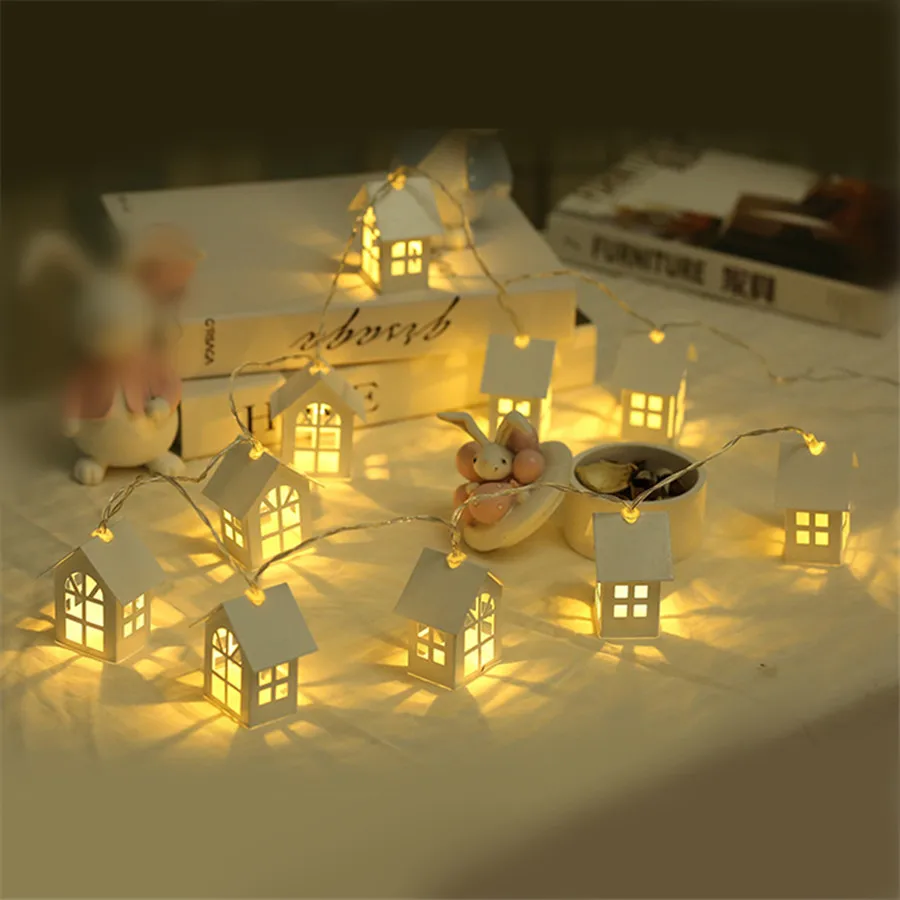 Batteriebetriebene kleine Holzhaus-Girlande, Weihnachtsbeleuchtung, Neuheit, 2 m, 10 LEDs, Lichterkette für Party, Hochzeit, Urlaubsdekoration