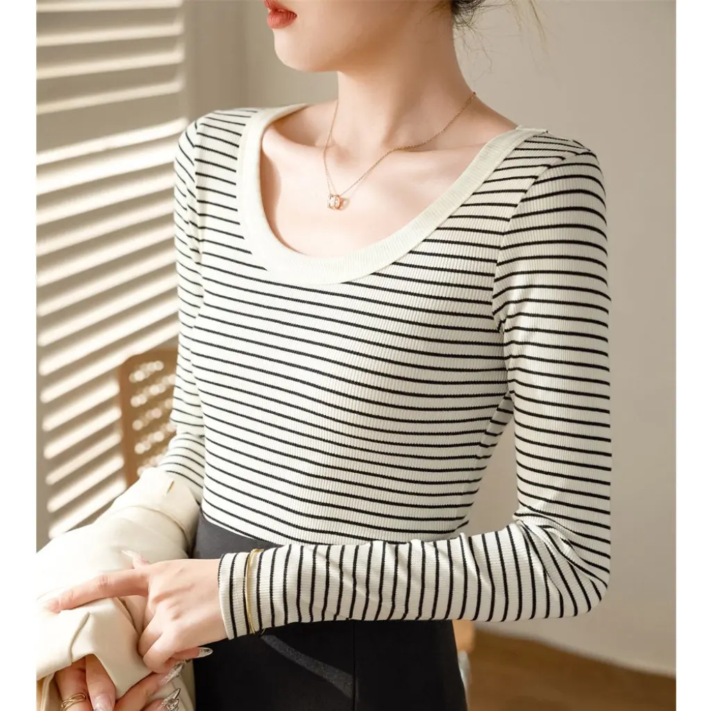 

Women's Pure Cotton Striped T-Shirt Long-Sleeved round Neck Slim Fit Base Shirt for Autumn Winter Right Shoulder Design